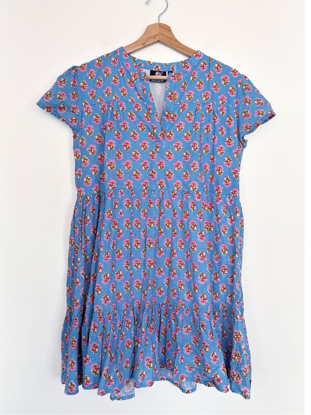 Madison Mathews || Folly Mini Dress Tiered Floral Block Print Blue Pink Medium